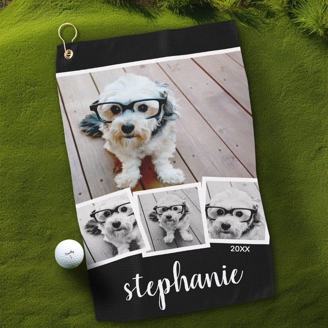Trendy 4 Photo Collage Script Name White Black Golf Towel (Personalized Golf Towel with Photos and Text)