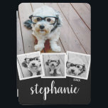 Trendy 4 Photo Collage Script Name White Black iPad Air Cover<br><div class="desc">You can use square or selfie photos for this design. Use four square photos to create a unique and personal gift. Or you can keep the hipster puppy and make a trendy keepsake. If you need to adjust the pictures,  click on the customize tool to make changes.</div>