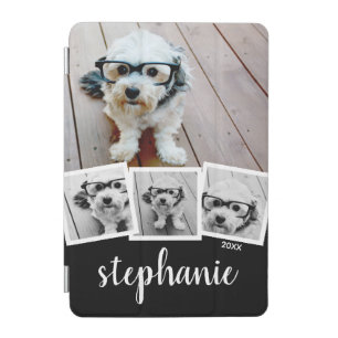 Trendy 4 Photo Collage Script Name White Black iPad Mini Cover