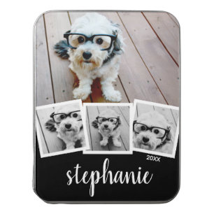 Trendy 4 Photo Collage Script Name White Black Jigsaw Puzzle