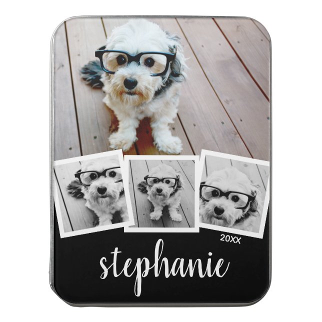 Trendy 4 Photo Collage Script Name White Black Jigsaw Puzzle (Lid Vertical)