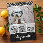 Trendy 4 Photo Collage Script Name White Black Kitchen Towel<br><div class="desc">You can use square or selfie photos for this design. Use four square photos to create a unique and personal gift. Or you can keep the hipster puppy and make a trendy keepsake. If you need to adjust the pictures,  click on the customize tool to make changes.</div>