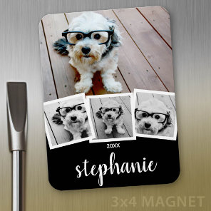 Trendy 4 Photo Collage Script Name White Black Magnet