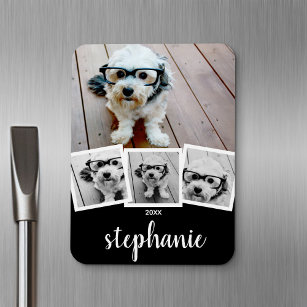 Trendy 4 Photo Collage Script Name White Black Magnet