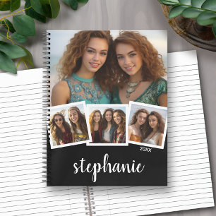 Trendy 4 Photo Collage Script Name White Black Notebook