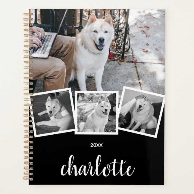 Trendy 4 Photo Collage Script Name White Black Planner (Front)