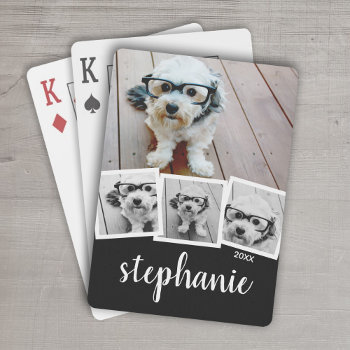 Trendy 4 Photo Collage Script Name White Black Playing Cards by MarshEnterprises at Zazzle