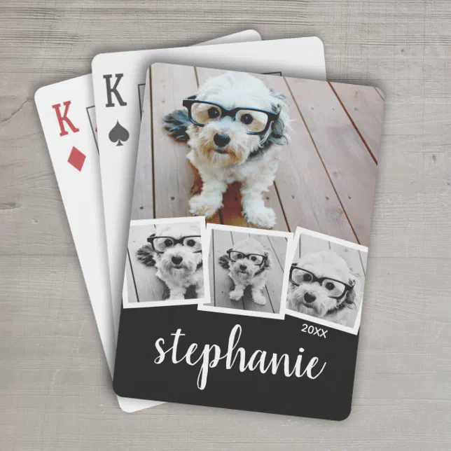 Trendy 4 Photo Collage Script Name White Black Playing Cards (Personalized Playing Cards - 6 Photo Collage)