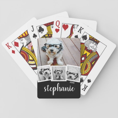 Trendy 4 Photo Collage Script Name White Black Playing Cards