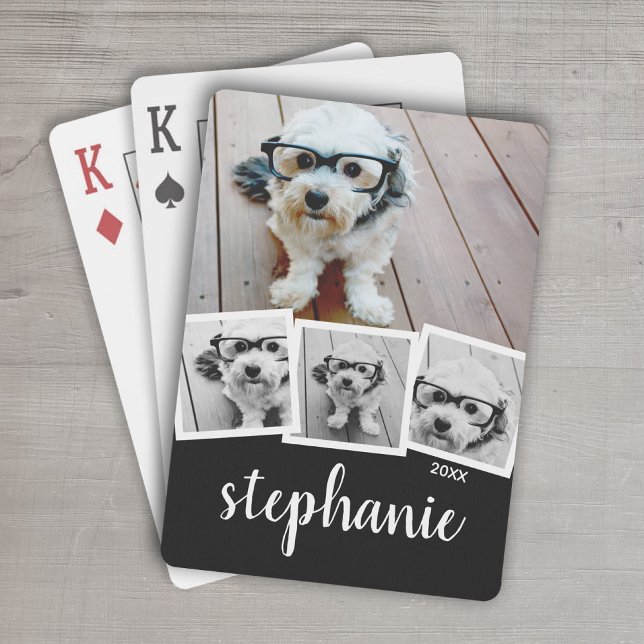 Trendy 4 Photo Collage Script Name White Black Poker Cards (Personalized Playing Cards - 6 Photo Collage)