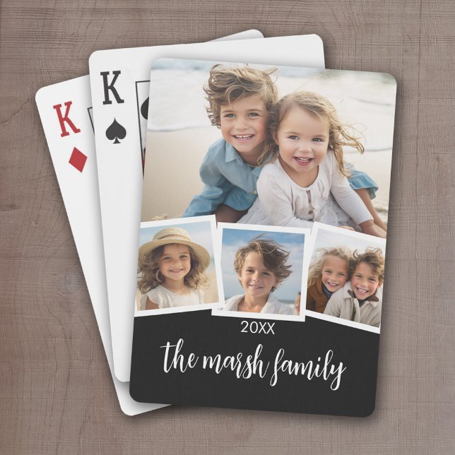Trendy 4 Photo Collage Script Name White Black Poker Cards (Personalize this set of playing cards with a photo collage and and family name)