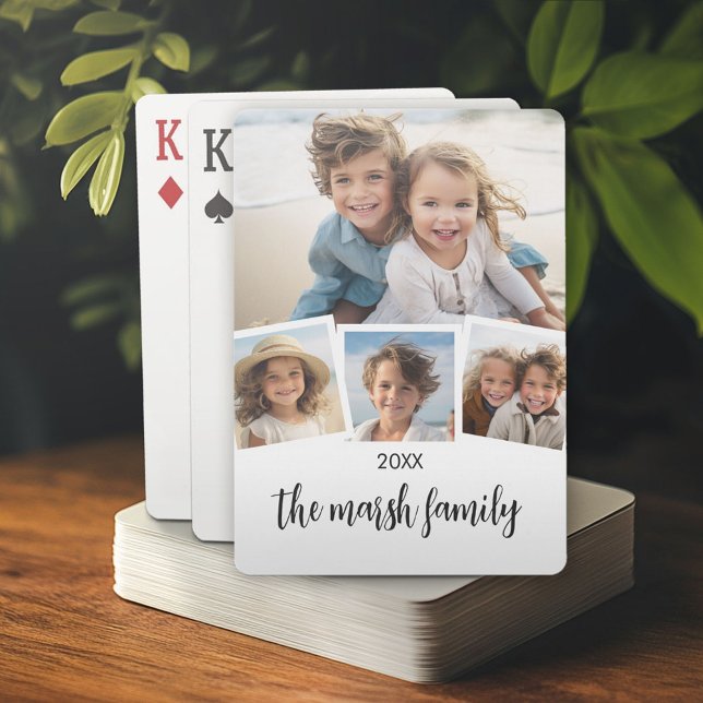 Trendy 4 Photo Collage Script Name White Black Poker Cards (Custom Poker Playing Cards)