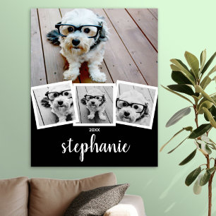 Trendy 4 Photo Collage Script Name White Black Poster