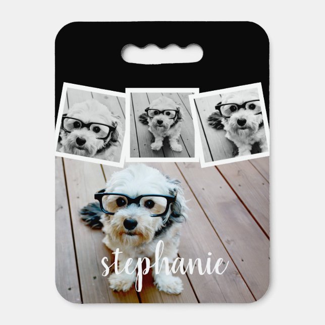 Trendy 4 Photo Collage Script Name White Black Seat Cushion (Front Vertical)