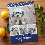 Trendy 4 Photo Collage Script Name White Blue Kitchen Towel<br><div class="desc">You can use square or selfie photos for this design. Use four square photos to create a unique and personal gift. If you need to adjust the pictures,  click on the customize tool to make changes.</div>