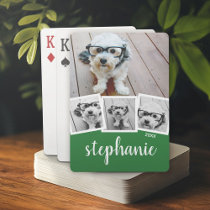 Trendy 4 Photo Collage Script Name White Green Poker Cards