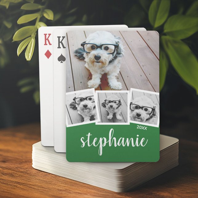 Trendy 4 Photo Collage Script Name White Green Poker Cards (Custom Poker Playing Cards)