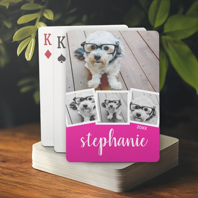 Trendy 4 Photo Collage Script Name White Pink Poker Cards (Custom Poker Playing Cards)
