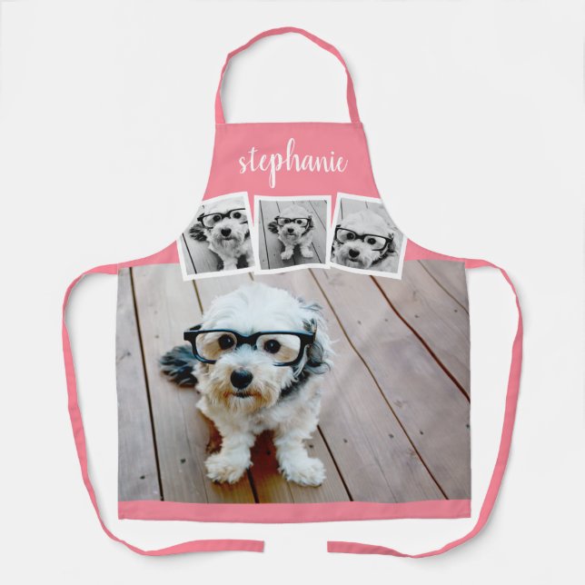 Trendy 4 Photo Collage Script Name White Rose Gold Apron (Front)