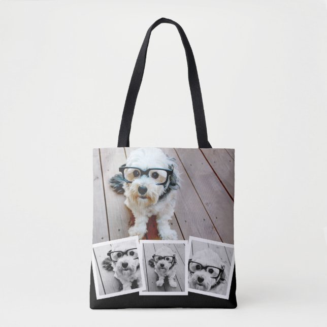 Trendy 4 Photo Collage White Black Tote Bag (Front)
