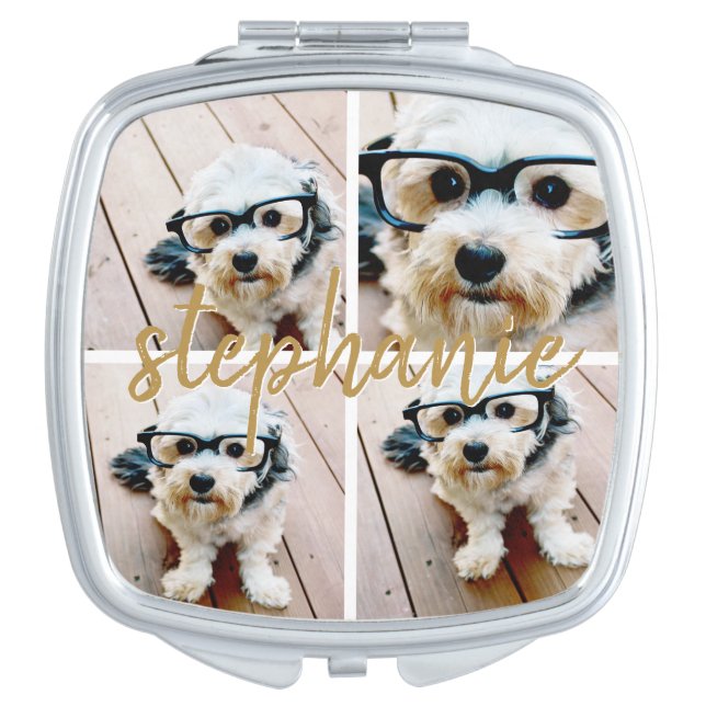 Trendy 4 Photo Collage with Gold Monogram Compact Mirror (Front)