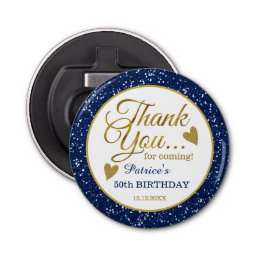 Trendy 50th Birthday Party Blue Glitter Thank You Bottle Opener