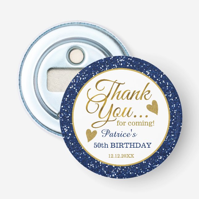 Trendy 50th Birthday Party Blue Glitter Thank You Bottle Opener (Front)
