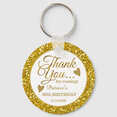 Trendy 50th Birthday Party Gold Glitter Thank You Keychain