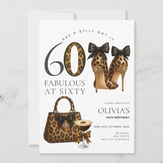 Trendy 60th Leopard Print Fabulous at 60 Birthday Invitation (Front)