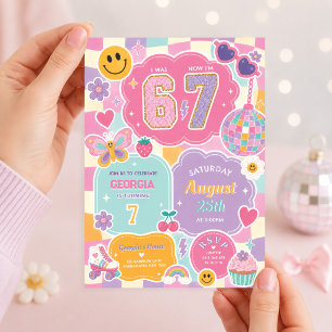 Trendy 6 7 Birthday: Groovy Checkered Rainbow Invitation