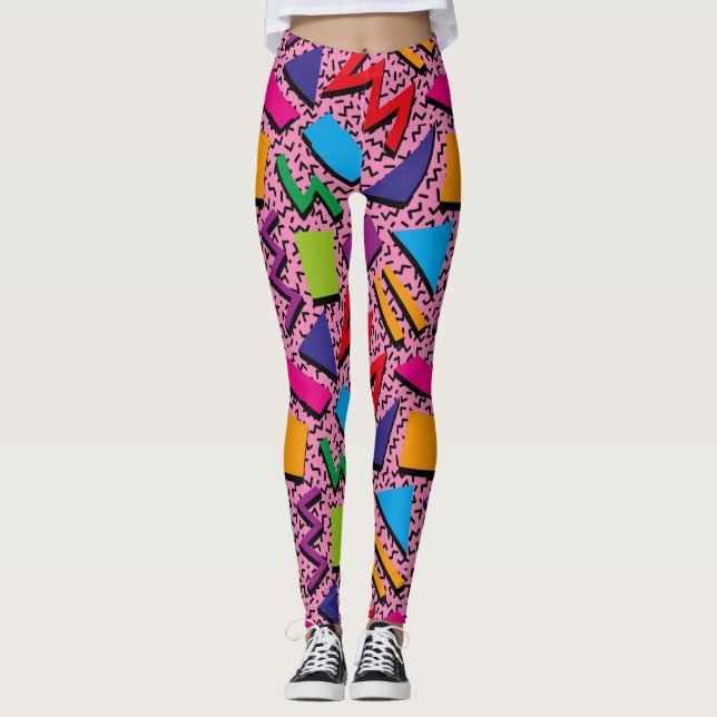 Trendy 80s Pattern Colorful Pink Leggings (Front)