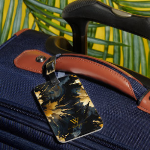 trendy abstract black gold marble luggage tag