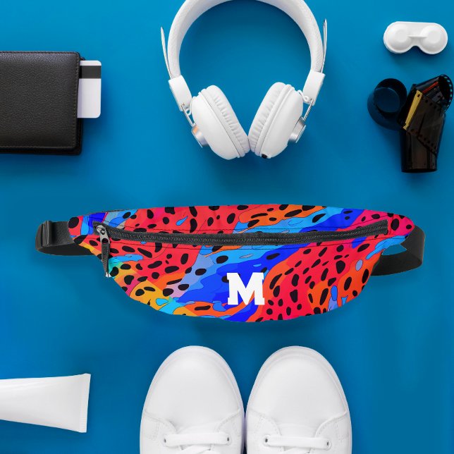 Trendy Abstract Blue Red Animal Print Monogram Fanny Pack (Creator Uploaded)