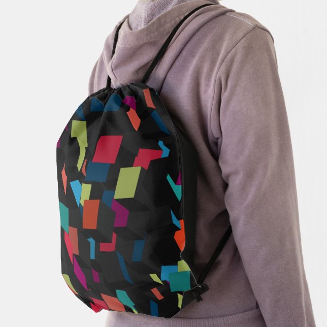 Trendy Abstract Geometric Cube Pattern Drawstring Bag (Insitu)
