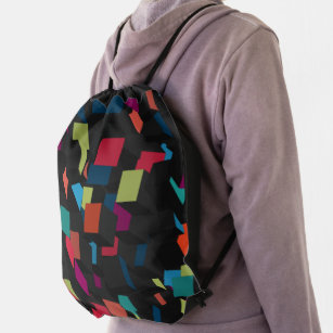 Trendy Abstract Geometric Cube Pattern Drawstring Bag