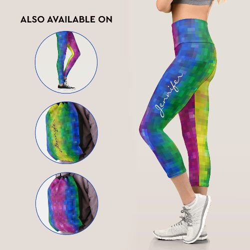 Trendy Abstract Gradient Rainbow Pixel Art Pattern Capri Leggings