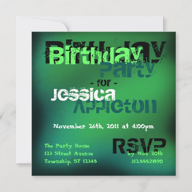 Trendy Abstract Green & Teal Birthday Invitations (Front)