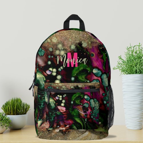 Trendy Abstract Organic Gold Glittery Monogrammed Printed Backpack