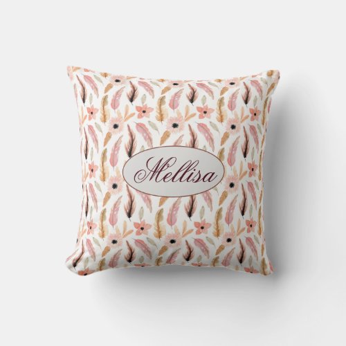 Trendy Abstract Pink Floral Pattern Monogram Name Throw Pillow