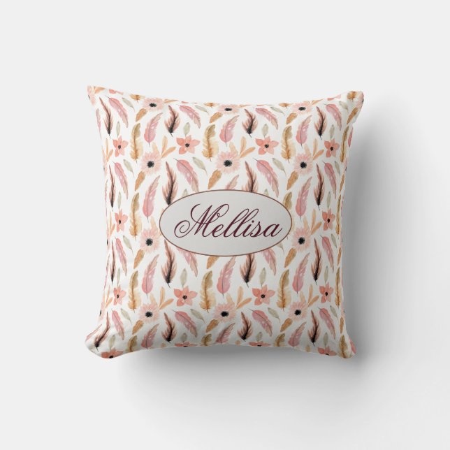 Trendy Abstract Pink Floral Pattern Monogram Name Throw Pillow (Front)