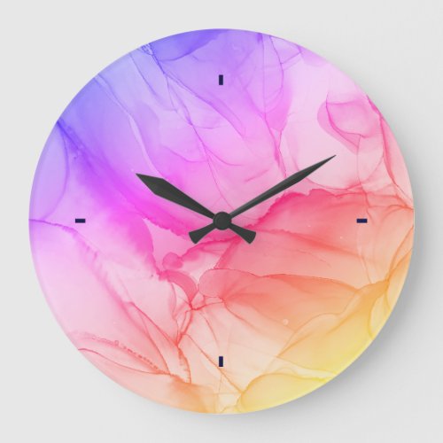 Trendy Abstract Pink Orange and Purple Ink Art Large Clock