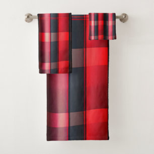 Trendy Abstract Red Black Plaid Collection Bath Towel Set