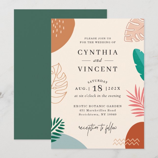 Trendy Abstract Tropical Shapes Summer Wedding Invitation (Front/Back)