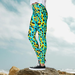 Trendy Abstract Turquoise Yellow Leopard Pattern Leggings