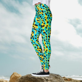 Trendy Abstract Turquoise Yellow Leopard Pattern Leggings