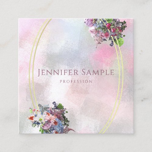 Trendy Abstract Watercolor Flowers Gold Frame Square Business Card