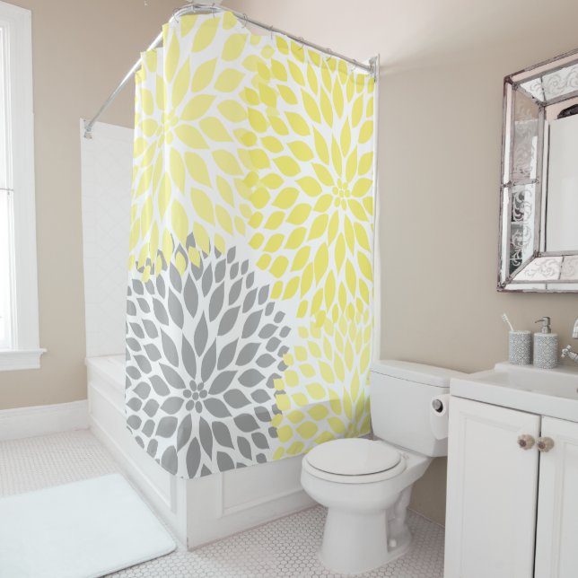 Trendy Abstract Yellow Gray Floral bathroom decor Shower Curtain (In Situ)
