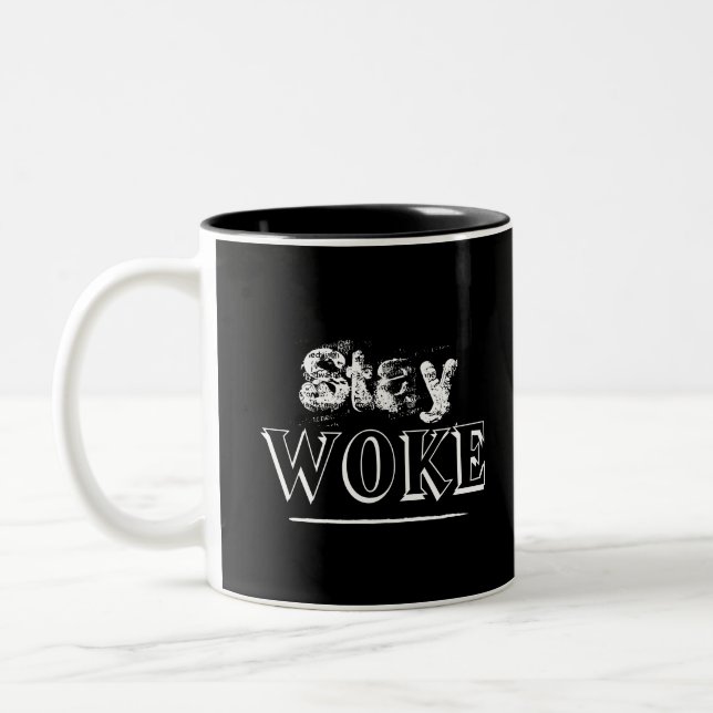 Trendy Activist Stay Woke Black and White Two-Tone Coffee Mug (Left)