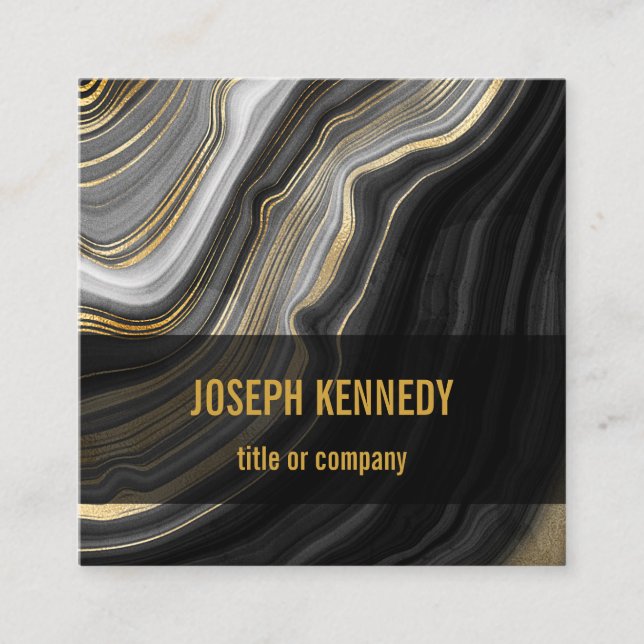 Trendy Agate Black and Gold Marble Square Business Card (Front)
