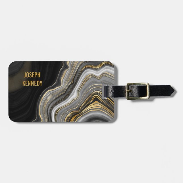 Trendy Agate Black and Gold Personalized Luggage Tag (Front Horizontal)